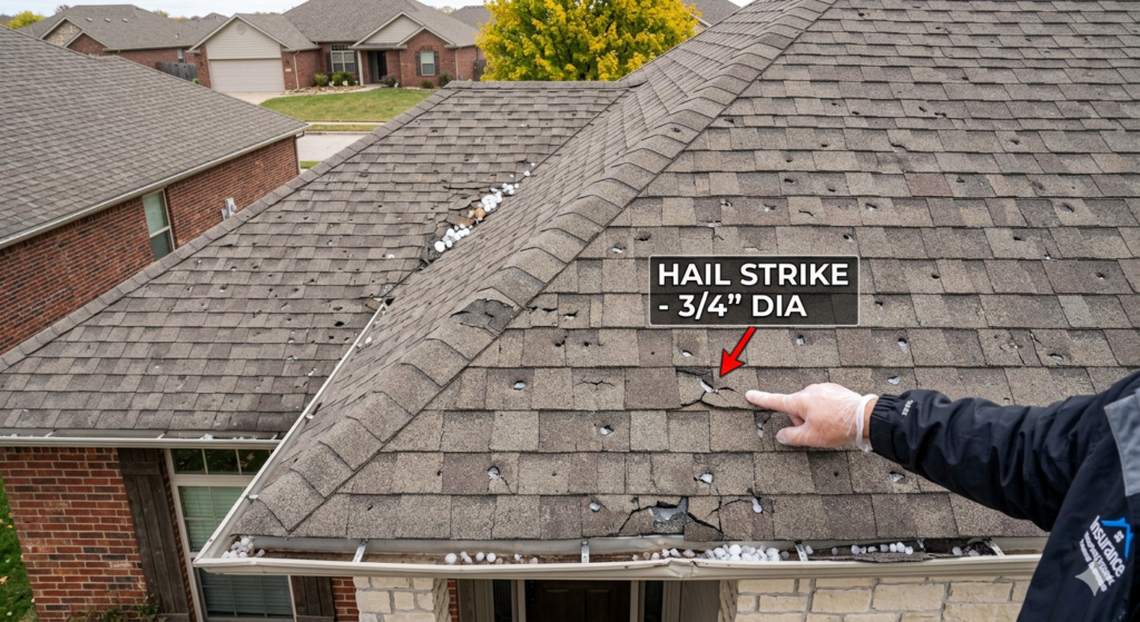 hail damage roof photos showing impact marks on asphalt shingles